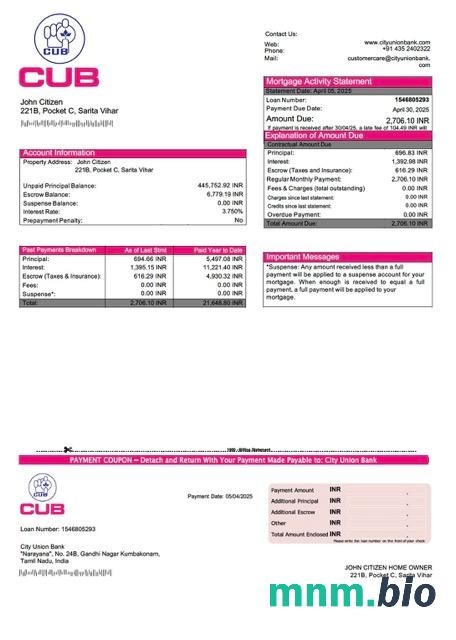 Indie City Union Bank wyciąg z kredytu hipotecznego szablon Word i PDF